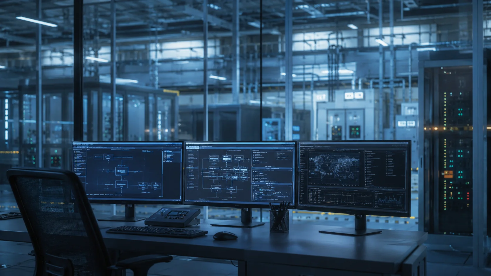 Poste de supervision sécurisé et salle serveur industrielle à dominante froide.
