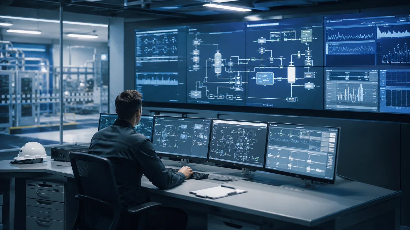 Écran de supervision SCADA et salle de contrôle industrielle à dominante froide.